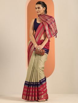 Libas - Beige Printed Saree with Unstitched Blouse