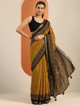Libas - Mustard Printed Saree with Unstitched Blouse