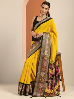 Libas - Mustard Printed Saree with Unstitched Blouse