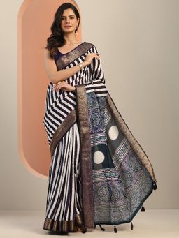 Libas - White Stripes Printed Saree with Unstitched Blouse