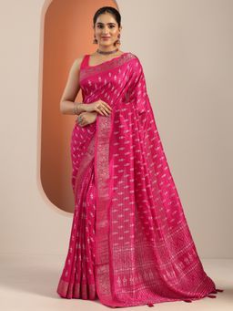 Libas - Pink Ethnic Motif Printed Pintuck Saree with Unstitched Blouse