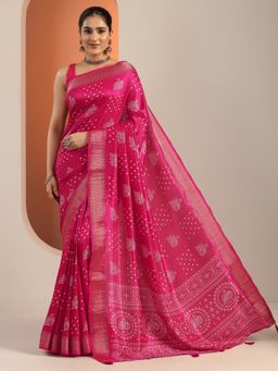 Libas - Pink Ethnic Motif Printed Pintuck Saree with Unstitched Blouse