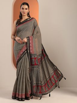 Libas - Black Stripe Print Zari Borders Saree with Unstitched Blouse