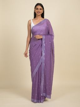 Suta - Lavender Mirror Work Embroidered Saree without Blouse Piece