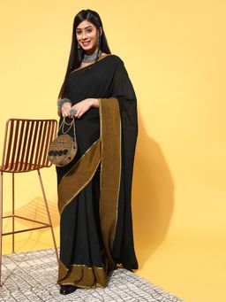 Suta - Black Cotton Blend Saree without Blouse Piece
