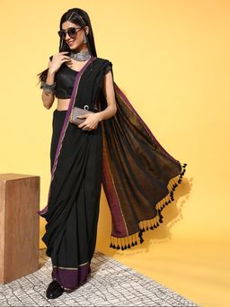 Suta - Black Cotton Blend Saree without Blouse Piece