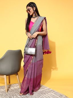 Suta - Grey Cotton Blend Saree without Blouse Piece