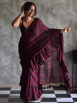 Suta - Womens Maroon Stripes Pure Cotton Ruffle Saree without Blouse Piece
