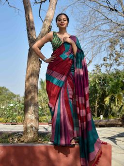 Suta - Womens Stripes Multi-Color Handloom Cotton Saree with Unstitched Blouse
