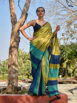 Suta - Womens Stripes Multi-Color Handloom Cotton Saree with Unstitched Blouse