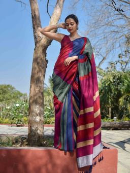 Suta - Womens Stripes Multi-Color Handloom Cotton Saree with Unstitched Blouse