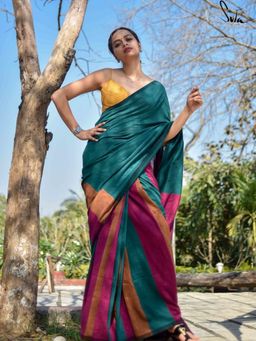 Suta - Womens Stripes Multi-Color Handloom Cotton Saree with Unstitched Blouse
