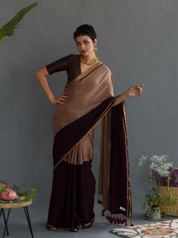 Suta - Brown Cotton Acrylic Solid Saree with Unstitched Blouse