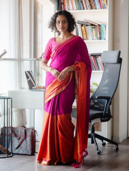 Suta - Orange Cotton Acrylic Solid Saree without Blouse Piece