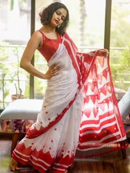 Suta - White Mul Cotton Red Printed Saree without Blouse Piece