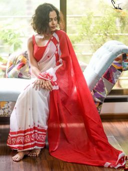 Suta - White Mul Cotton Red Printed Saree with Unstitched Blouse