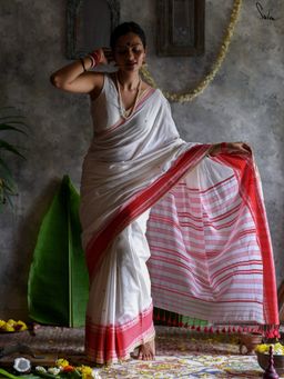 Suta - White Mul Modal White Printed Saree without Blouse Piece