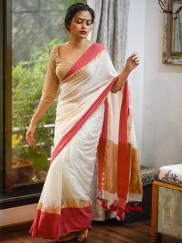 Suta - White Handloom Cotton Woven Saree without Blouse Piece
