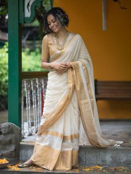 Suta - White Mul Cotton with Zari Woven Saree with Unstitched Blouse