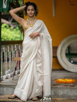 Suta - White Cotton Stripes Saree without Blouse Piece