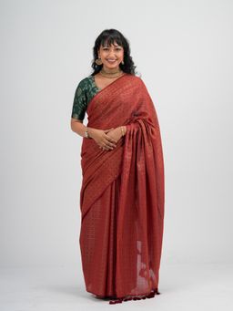 Suta - Maroon Cotton Woven Pattern Saree without Blouse Piece