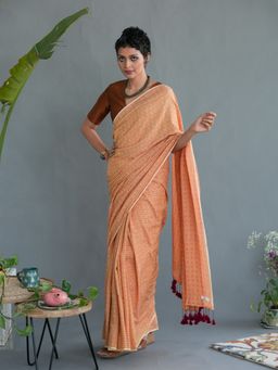 Suta - Orange Cotton Woven Pattern Saree without Blouse Piece