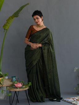 Suta - Dark Green Cotton Woven Pattern Saree without Blouse Piece
