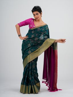 Suta - Teal Floral Cotton and Acrylic Saree without Blouse Piece