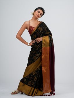 Suta - Black Floral Cotton and Acrylic Saree without Blouse Piece