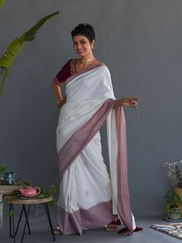 Suta - Off White Woven Design Pure Cotton Saree without Blouse Piece