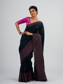 Suta - Navy Blue Woven Design Pure Cotton Saree without Blouse Piece