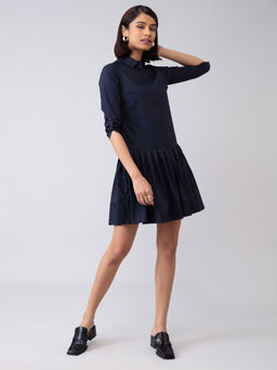 Twenty Dresses by Nykaa Fashion - Work Navy Blue Solid Collar Neck Mini Dress
