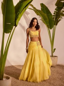 Silky Bindra - Yellow Blossom Lehenga with Bustier (Set of 2)