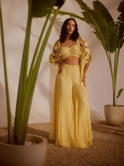 Silky Bindra - Yellow Solana Cape with Bustier and Sharara (Set of 3)
