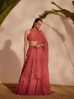 Silky Bindra - Pink Nia Drape Lehenga with Blouse and Dupatta (Set of 3)