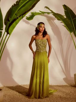 Silky Bindra - Green Moriko Monstera Corset with Skirt (Set of 2)