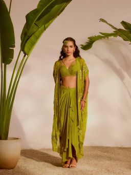 Silky Bindra - Green Areca Cape with Bustier and Drape Skirt (Set of 3)