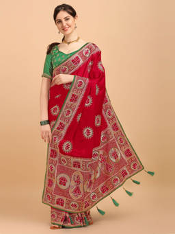 Amrutam Fab - Womens Embroidered Silk Red Saree With Unstitched Blouse Piece