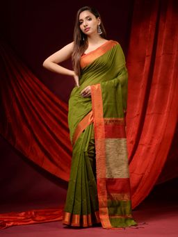 CHARUKRITI - Olive Green Cotton Silk Zari Borders and Gheecha Pallu Saree with Unstitched Blouse