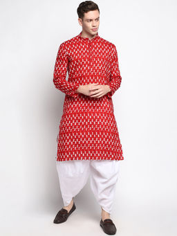 Devoiler - Men Block Printed Red Fine Cotton Kurta