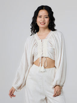 Twenty Dresses by Nykaa Fashion - Cream V Neck Puff Sleeves Tassel Detail Crop Top