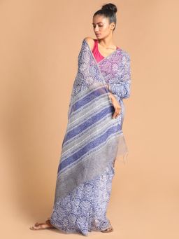 Indethnic - Blue Printed Super Net Saree with Unstitched Blouse