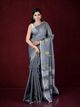 EXCLUSIVA - Grey Thread Embroidery Work Linen Saree with Unstitched Blouse