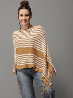 SHOWOFFFF - Womens Sleeveless Longline Camel Brown Self Design Poncho