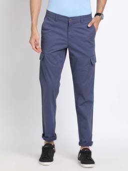 Turtle - Men Cotton Stretch Slim Fit Blue Solid Flat Front Denim Cargo Pant
