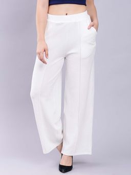 Saffe - Women White Polyester Blend Textured Knit Trouser