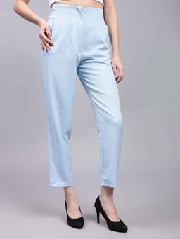 Saffe - Women Light Blue Solid Polyester Trouser
