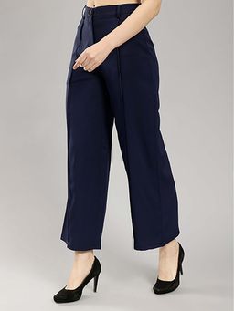 Saffe - Women Navy Blue Solid Straight Fit Trouser