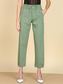 Saffe - Women Sage Green Solid Polyester Blend Trouser with Belt