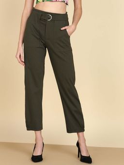 Saffe - Women Olive Solid Polyester Blend Trouser with Belt